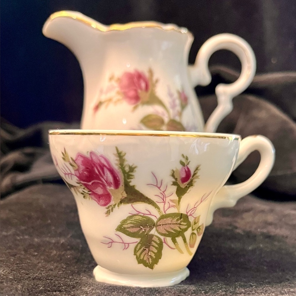 Vintage Moss Rose Japan Porcelain Tea Cup & Creamer Pitcher Set Gilded Gold Trim
